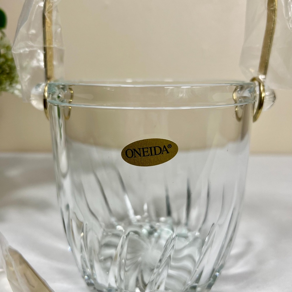 Vintage Crystal Oneida Ice Bucket with Gold Tongs | New without Box - Picture 7 of 10